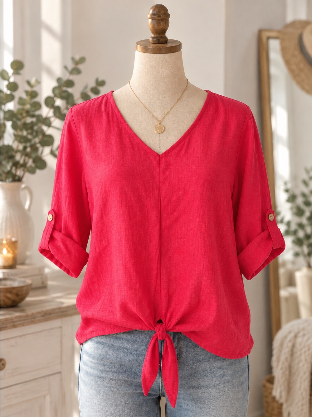 Charlie B Hot Pink Linen Blend Tie Front Blouse Size XS